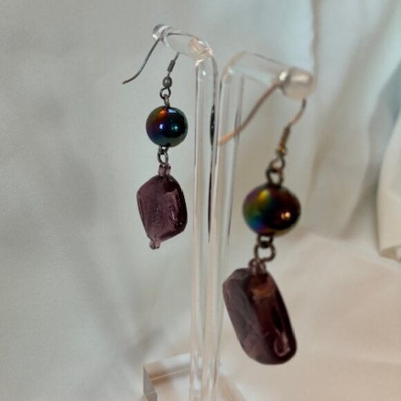 Earrings - dangling iridescent ball with purple square bead. - Picture 2 of 4